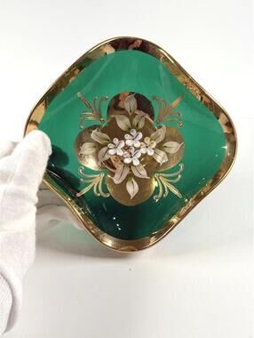 Bohemian Glass Trinket Dish Emerald Green Gold Gilt Enamel Flower Mid Century